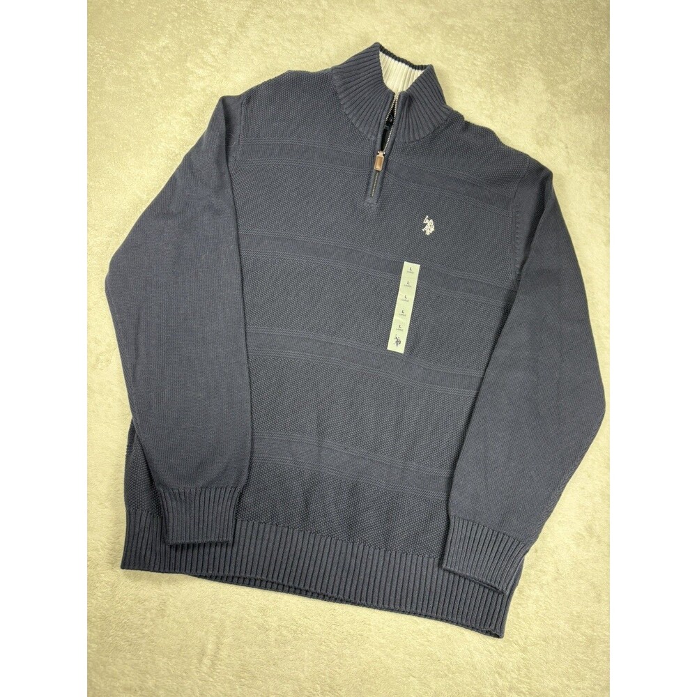 US Polo Assn Sweater Mens L Blue 100% Cotton 1/4 Zip Cable Knit Fisherman NEW